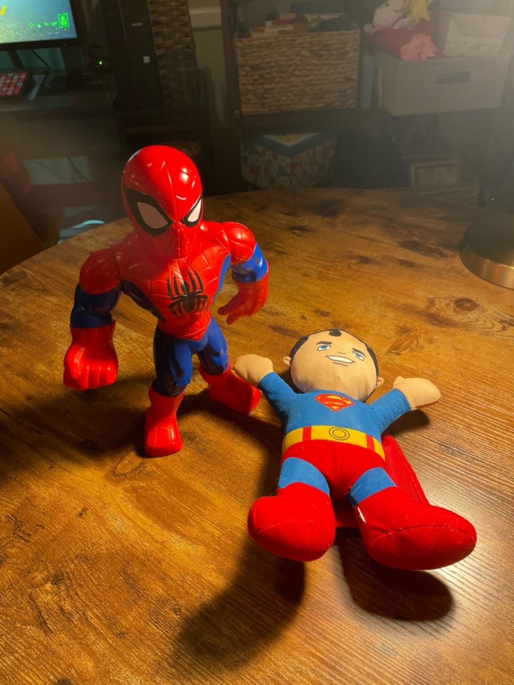 Red and Blue Spider-Man Figure with Red/Blue Superman Plush